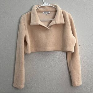 Emory Park Women's Cropped Collared Sweater Long Sleeves Tan Size Medium
